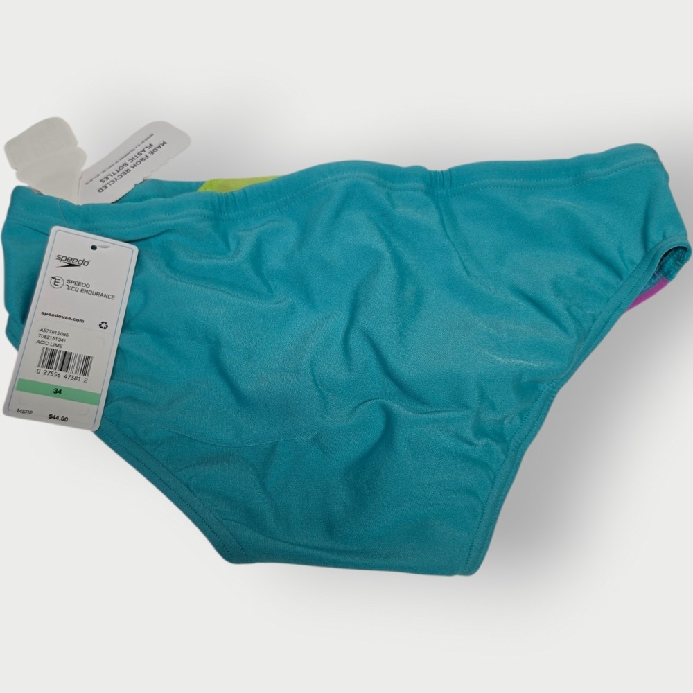 NEW Speedo Eco Endurance Swim Brief Acid Lime Teal Pink Mens Size 34 NWT - Picture 2 of 2